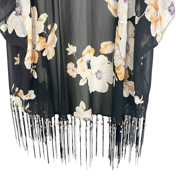 Pia Rossini Black Floral Kimono Tassel Seashells One Size Resortwear Boho Shawl - Picture 11 of 12